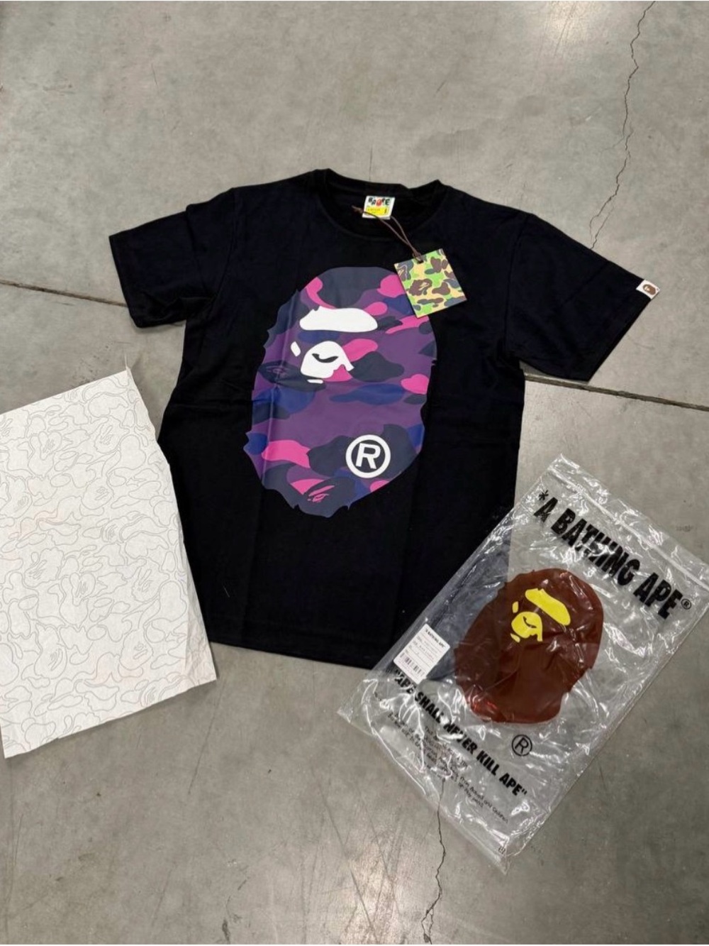 Bape Black Kids' Tee with Purple & Pink Camo Ape Head